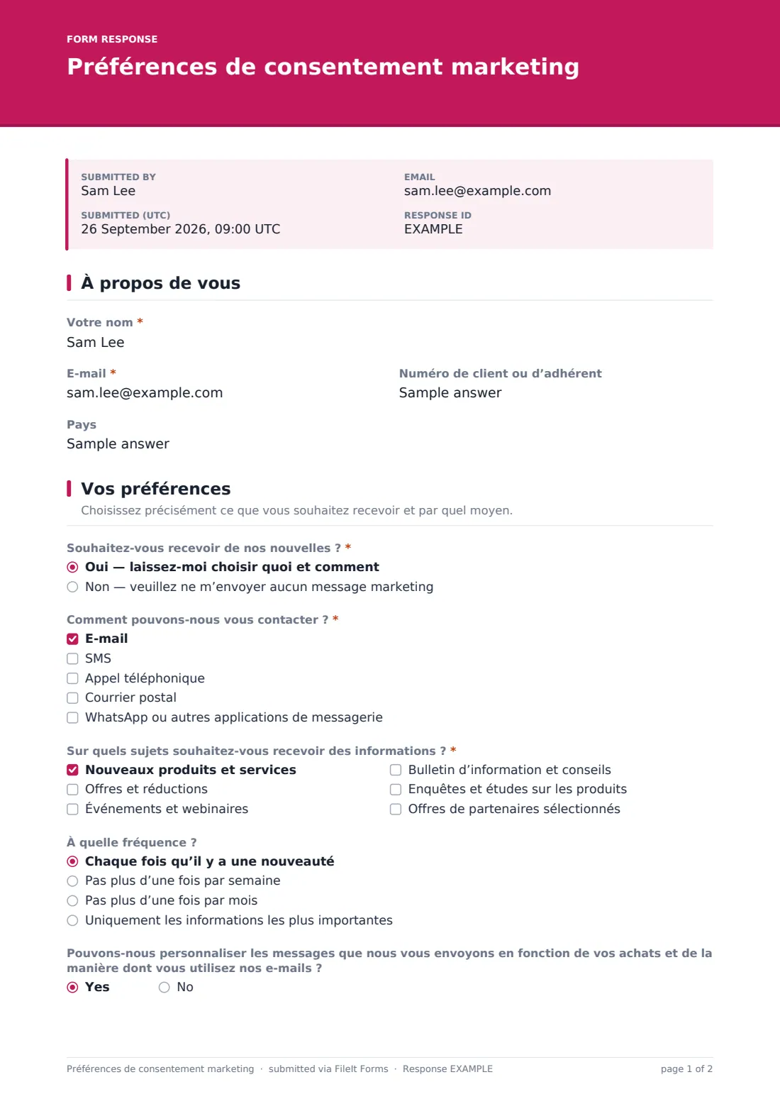Préférences de consentement marketing — exemple de réponse au format PDF, page 1 sur 2