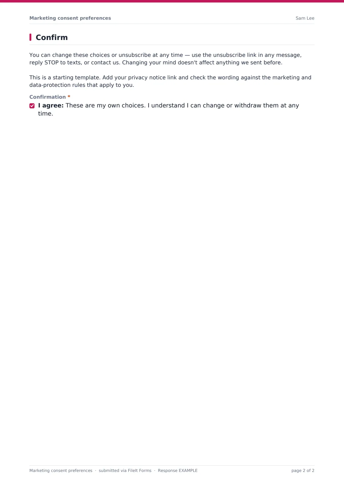 Marketing consent preferences — example response PDF, page 2 of 2