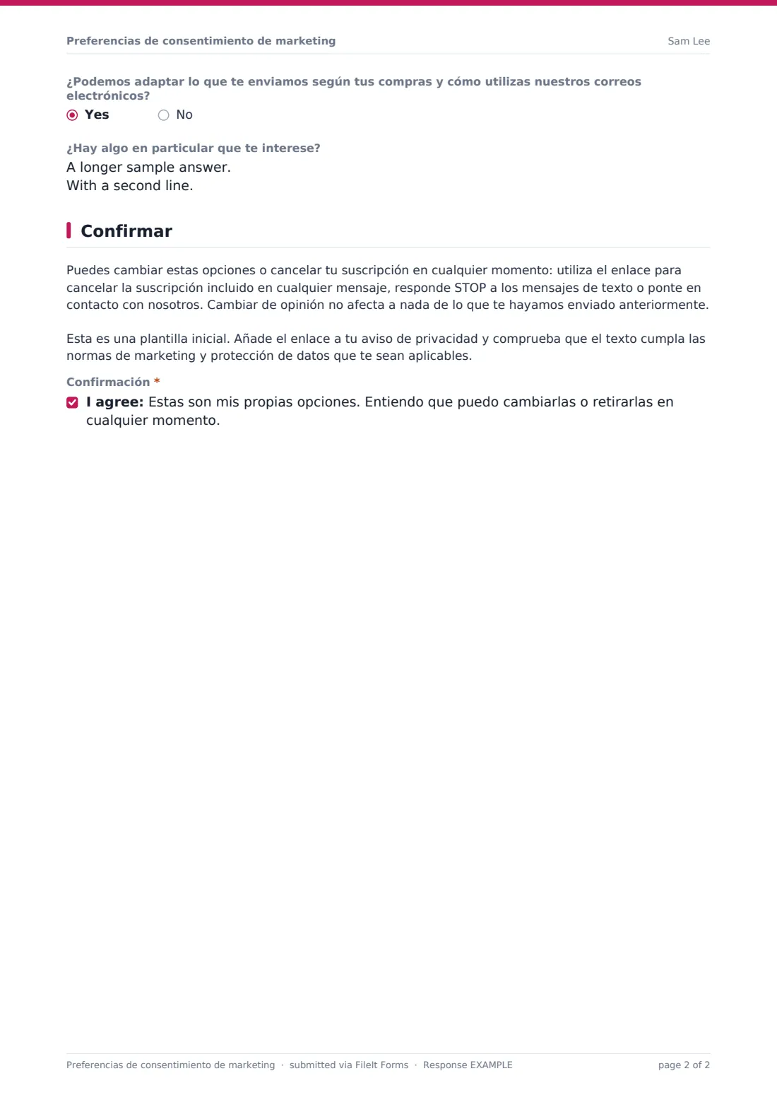 Preferencias de consentimiento de marketing — PDF de respuesta de ejemplo, página 2 de 2