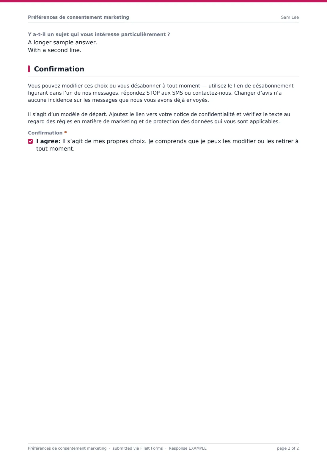 Préférences de consentement marketing — exemple de réponse au format PDF, page 2 sur 2