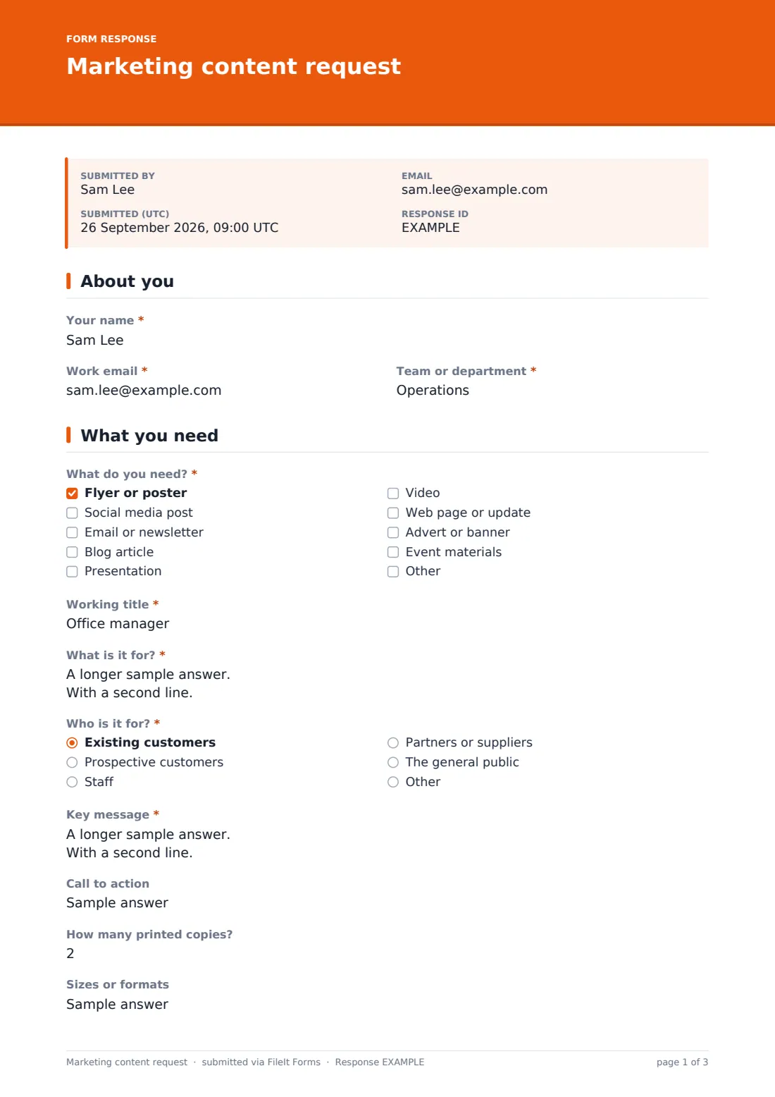 Marketing content request — example response PDF, page 1 of 3