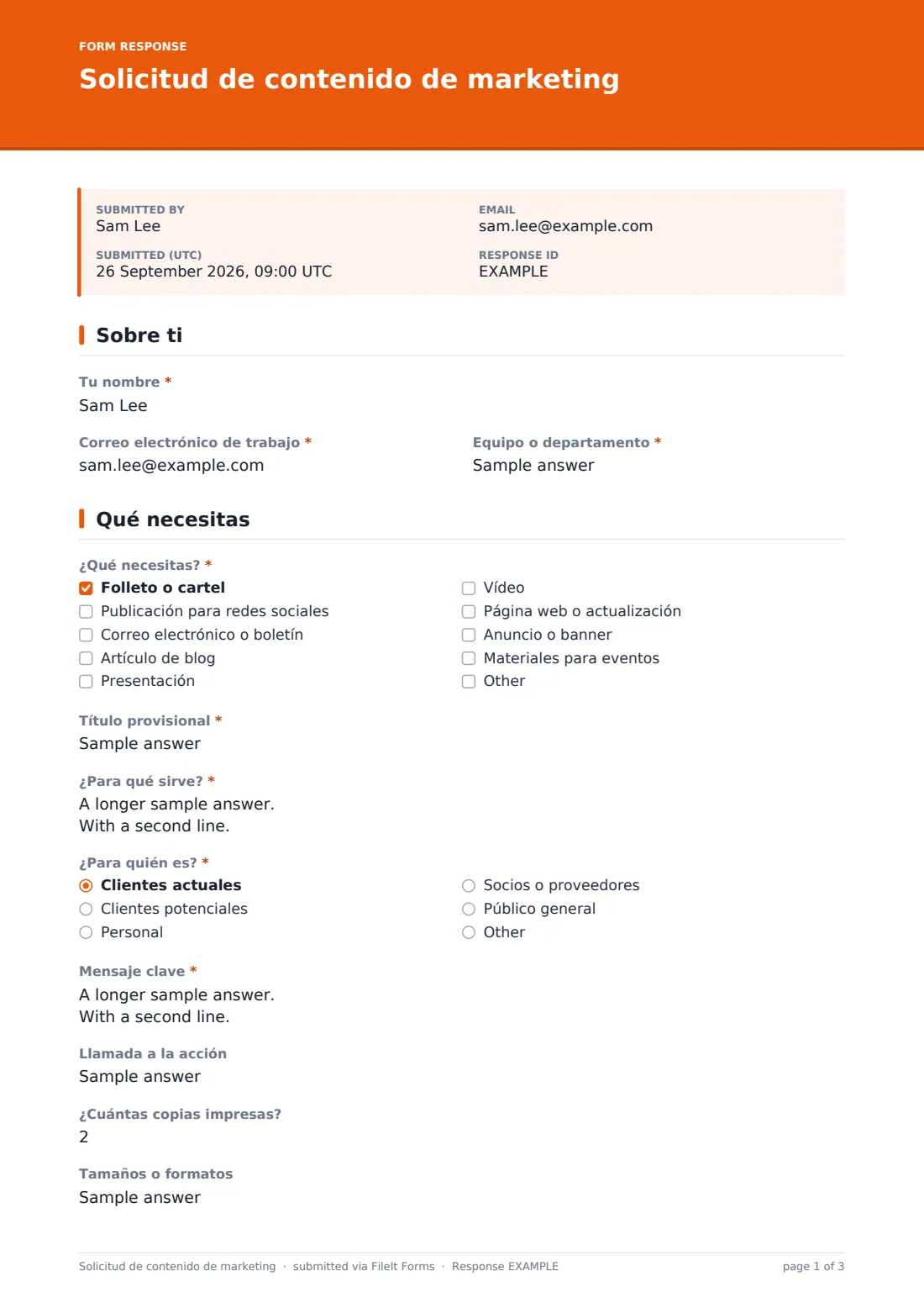 Solicitud de contenido de marketing — PDF de respuesta de ejemplo, página 1 de 3