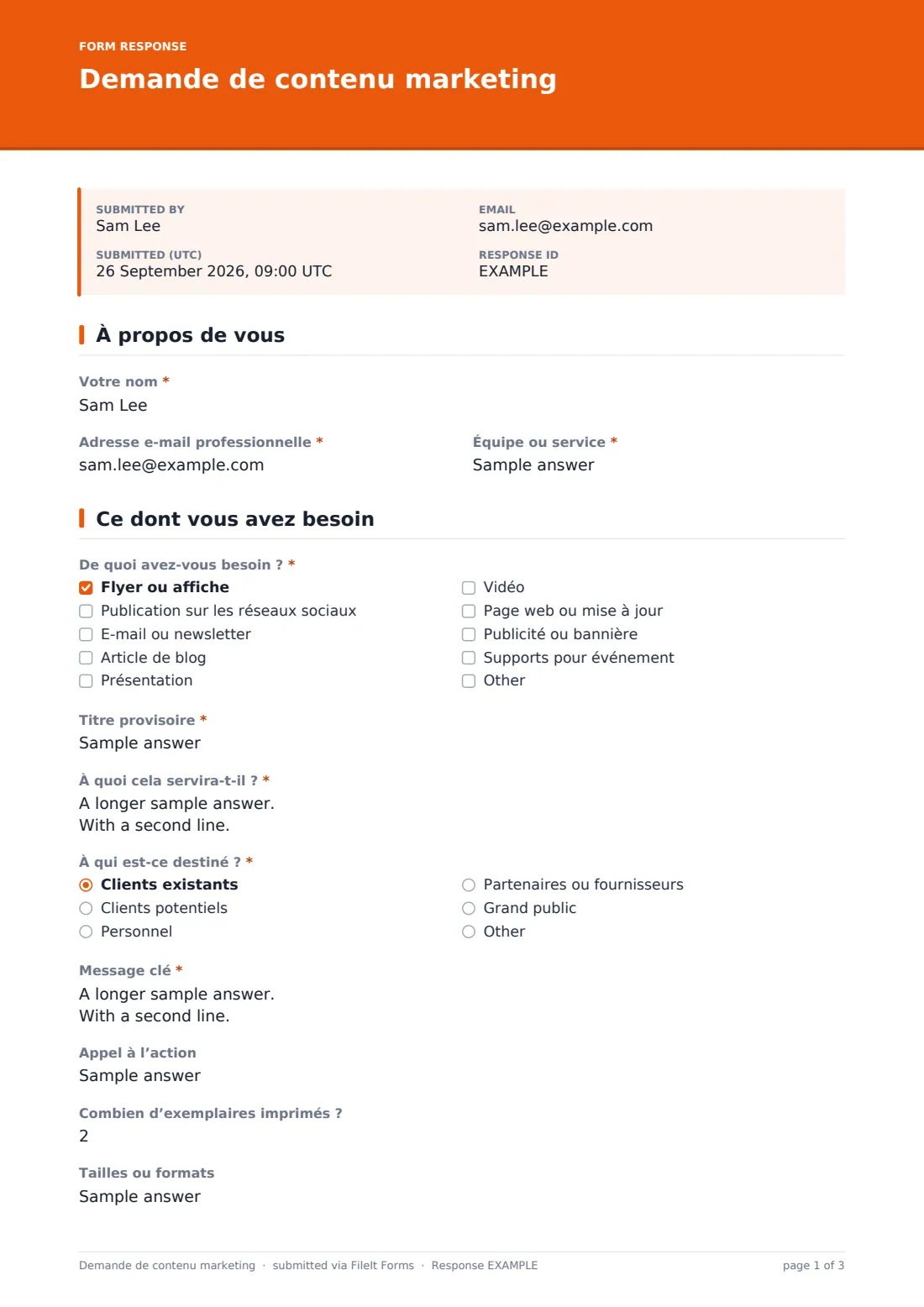 Demande de contenu marketing — exemple de réponse au format PDF, page 1 sur 3