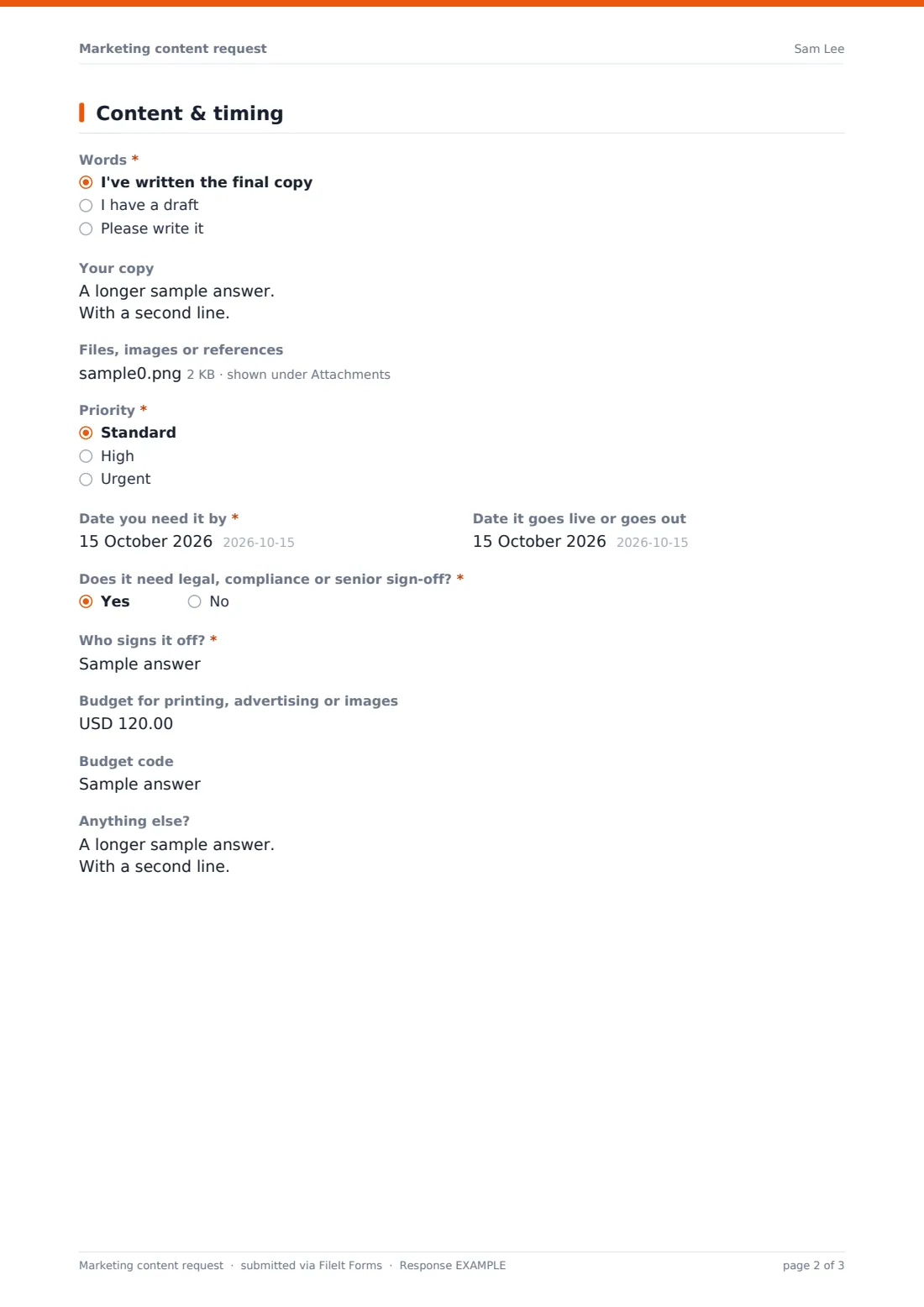 Marketing content request — example response PDF, page 2 of 3