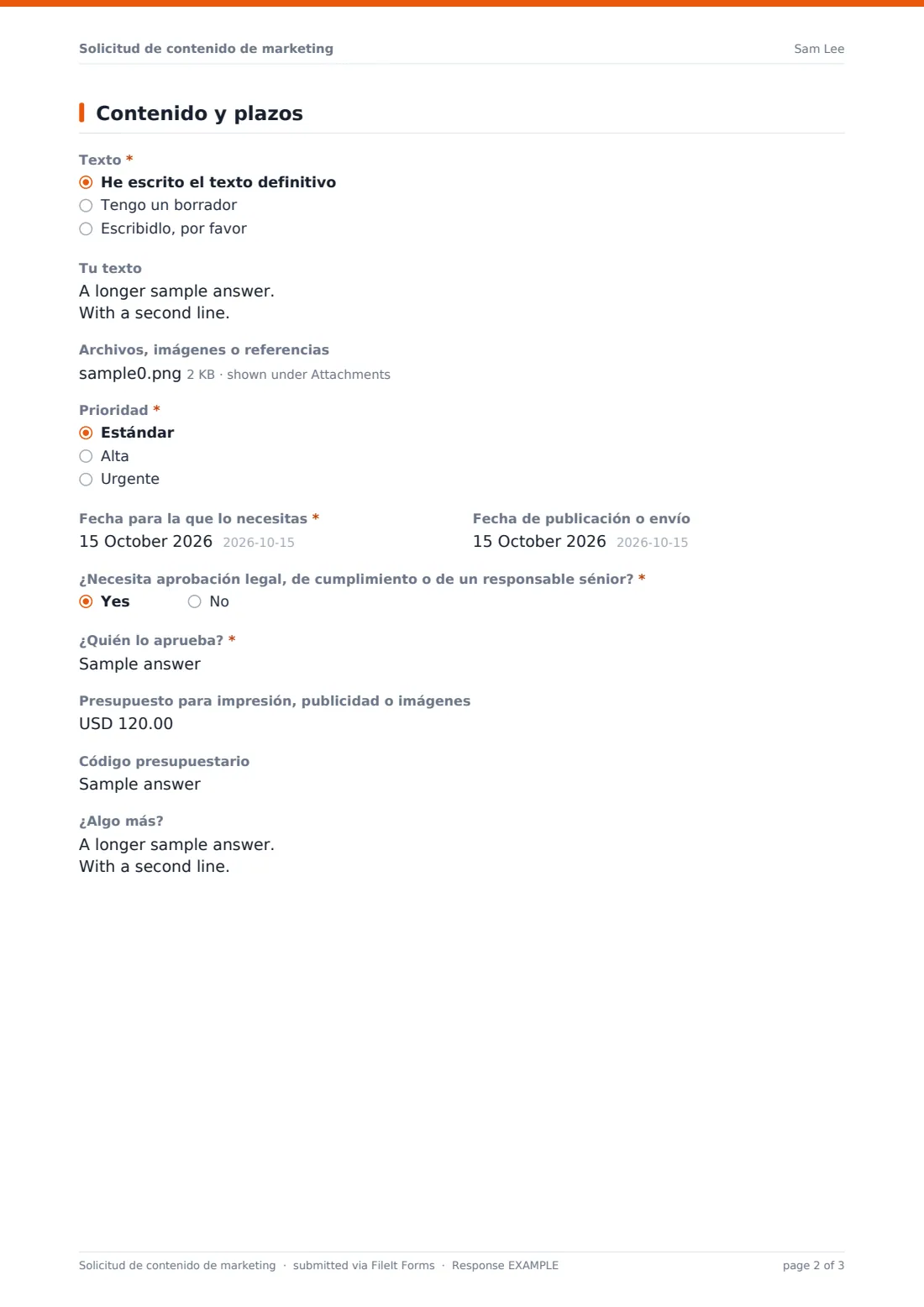 Solicitud de contenido de marketing — PDF de respuesta de ejemplo, página 2 de 3