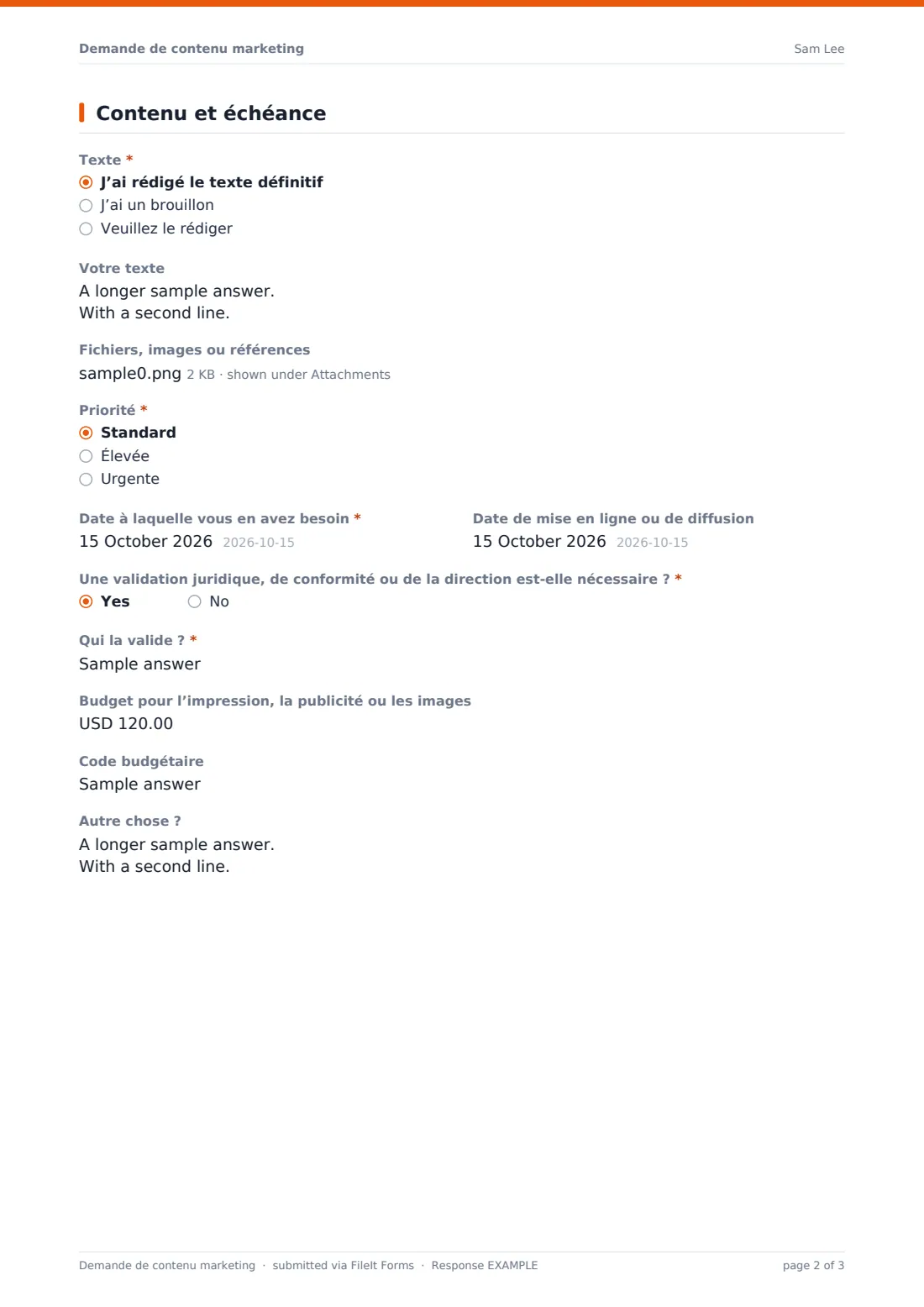 Demande de contenu marketing — exemple de réponse au format PDF, page 2 sur 3