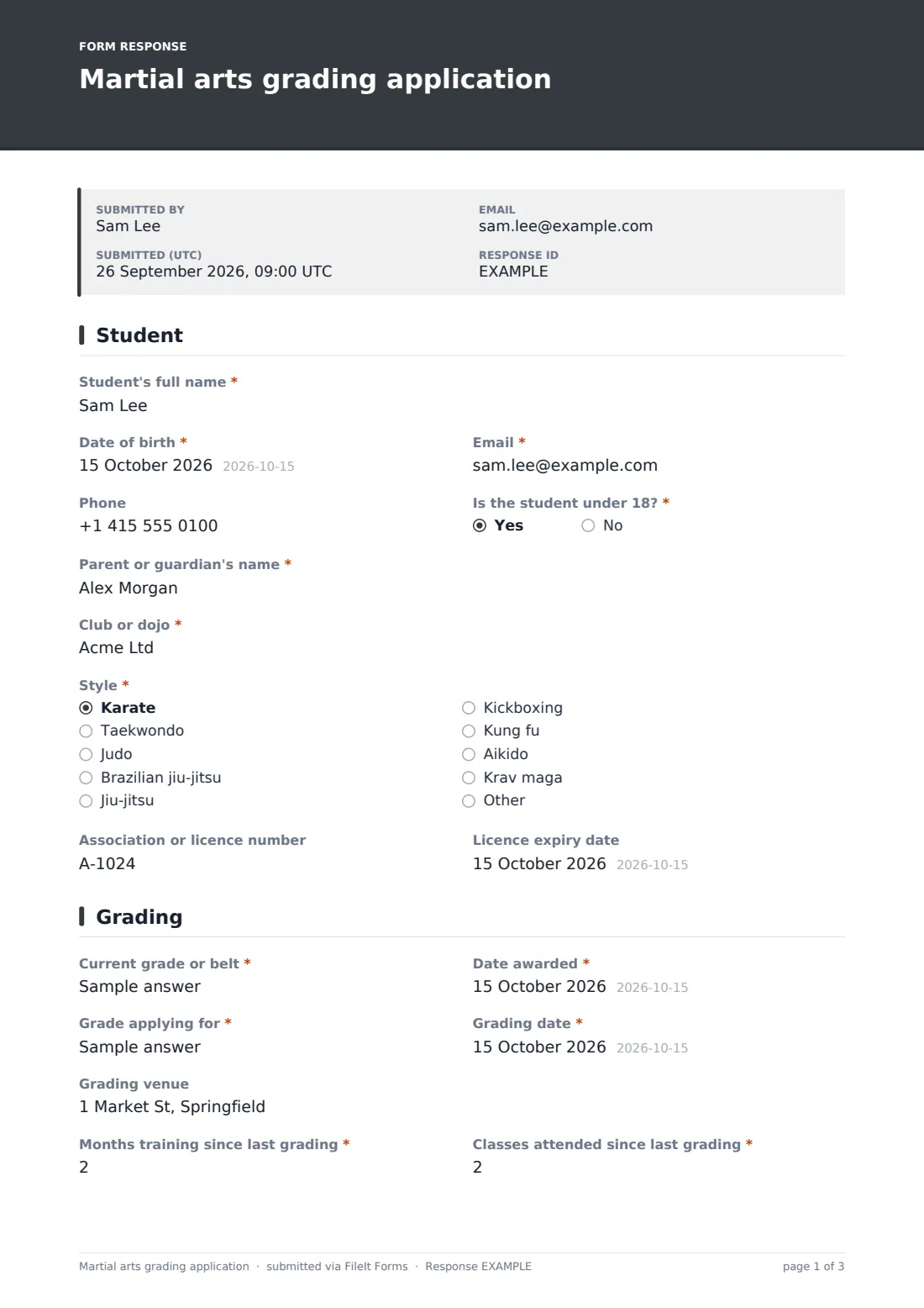 Martial arts grading application — example response PDF, page 1 of 3