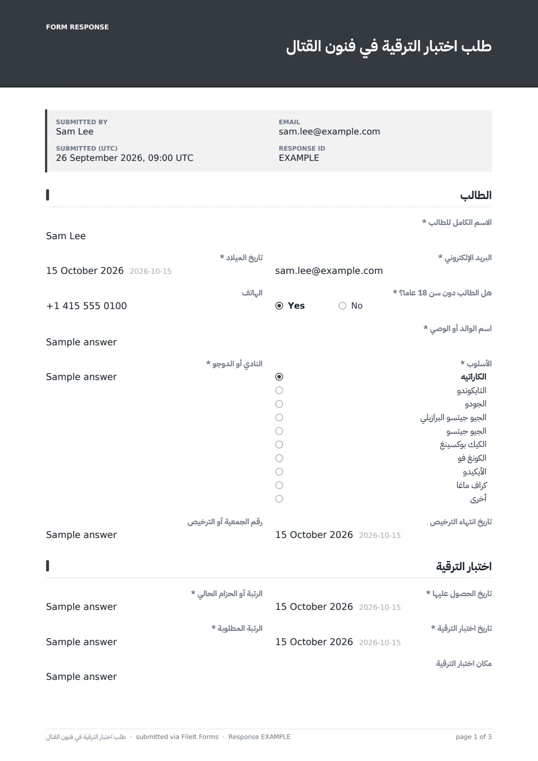 طلب اختبار الترقية في فنون القتال — ملف PDF لرد نموذجي، الصفحة 1 من 3