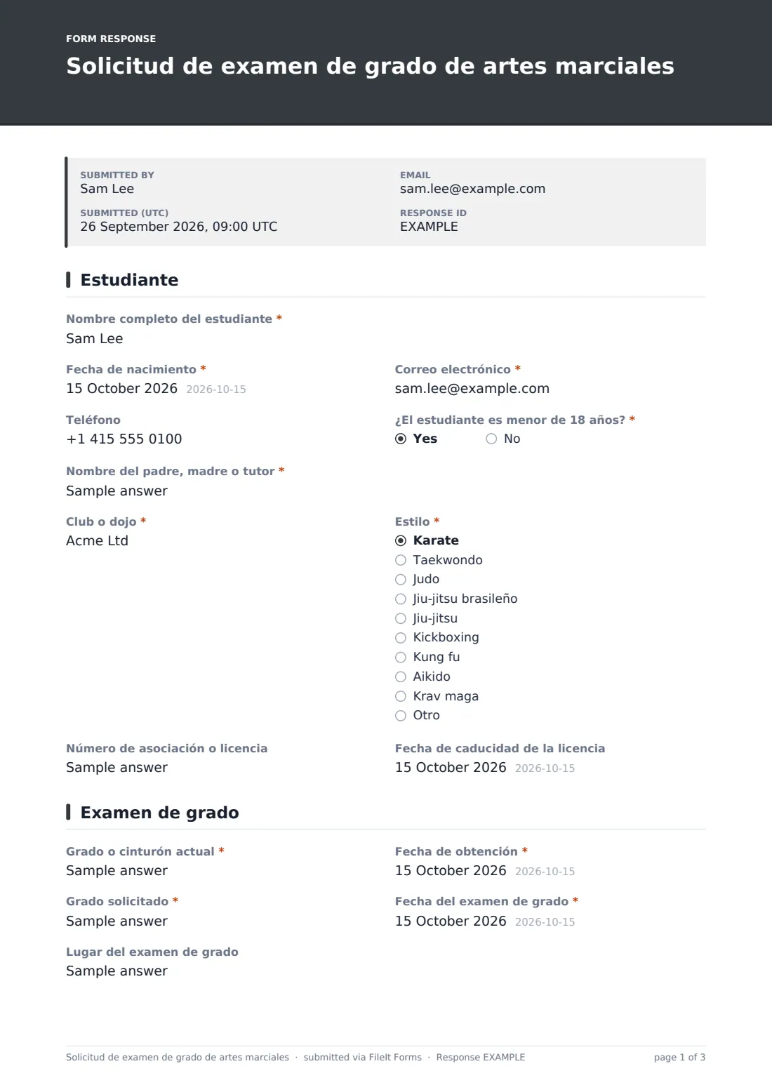 Solicitud de examen de grado de artes marciales — PDF de respuesta de ejemplo, página 1 de 3