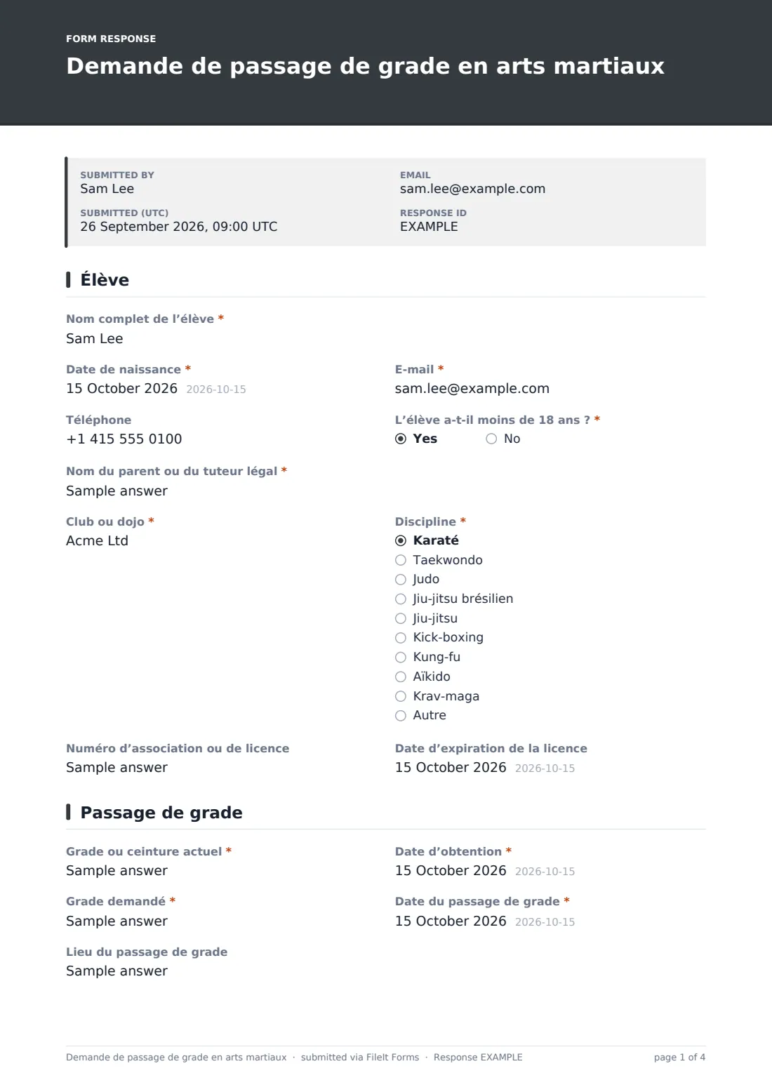 Demande de passage de grade en arts martiaux — exemple de réponse au format PDF, page 1 sur 4