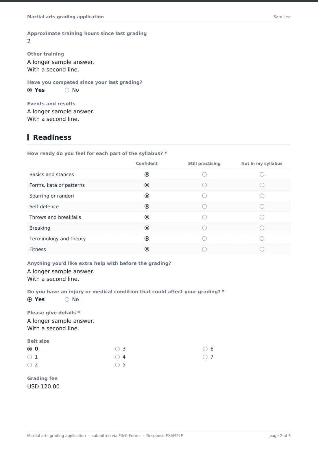Martial arts grading application — example response PDF, page 2 of 3