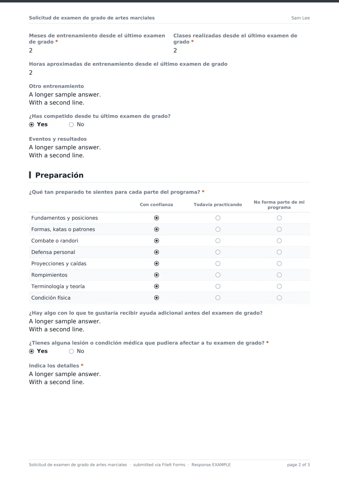 Solicitud de examen de grado de artes marciales — PDF de respuesta de ejemplo, página 2 de 3
