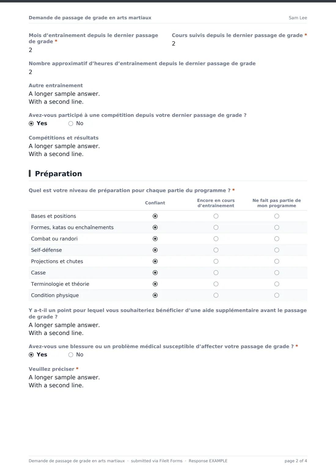 Demande de passage de grade en arts martiaux — exemple de réponse au format PDF, page 2 sur 4