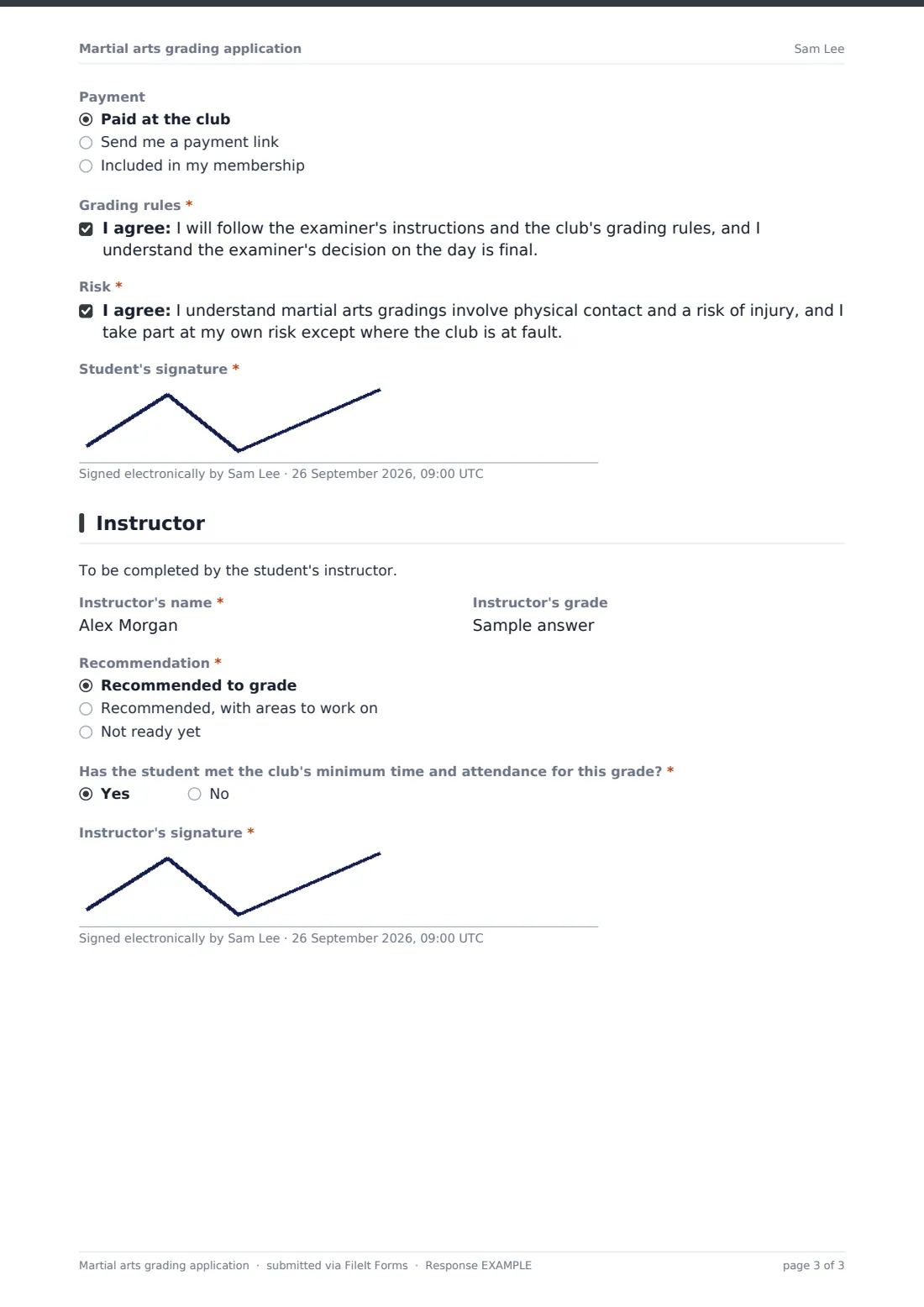 Martial arts grading application — example response PDF, page 3 of 3