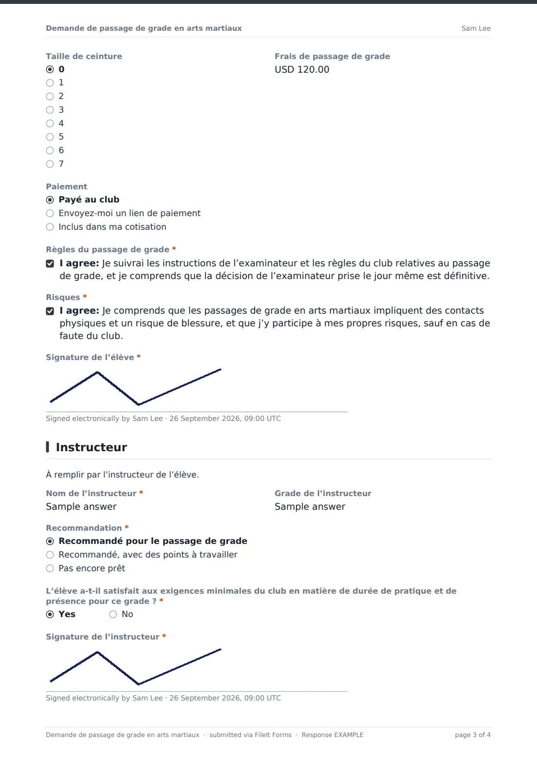Demande de passage de grade en arts martiaux — exemple de réponse au format PDF, page 3 sur 4