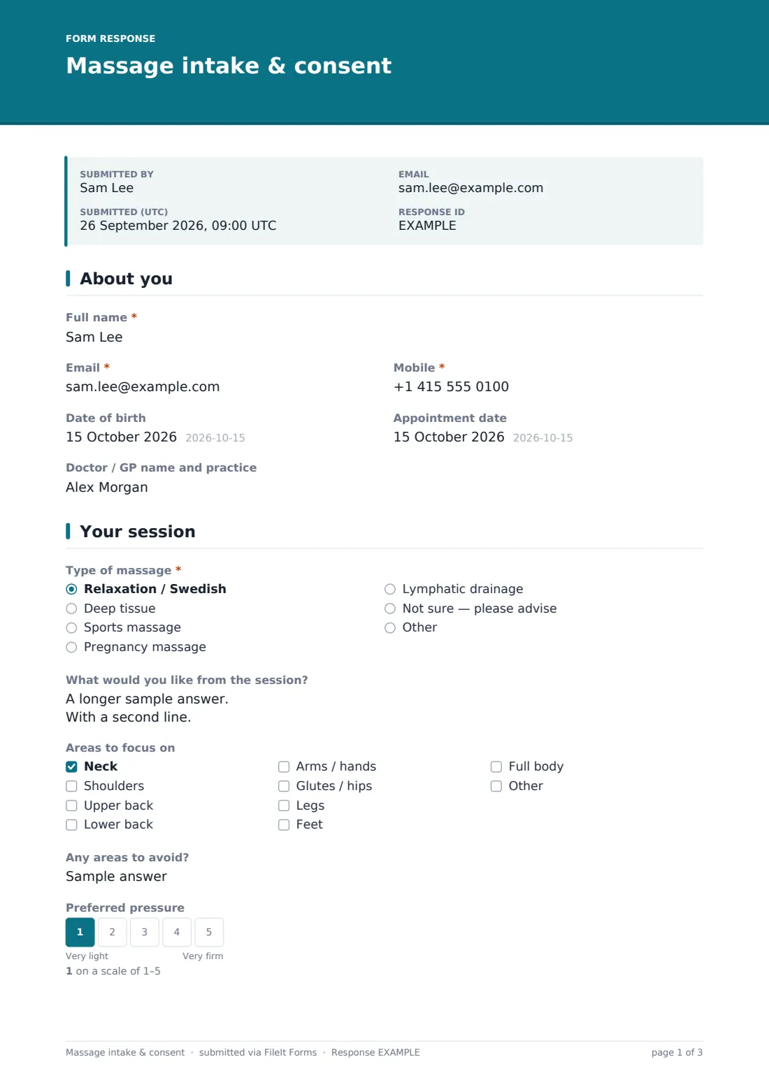 Massage intake & consent — example response PDF, page 1 of 3