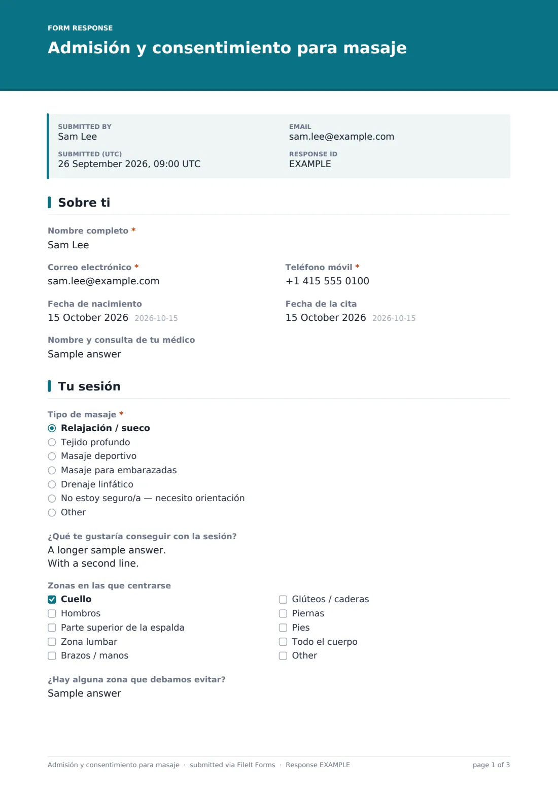 Admisión y consentimiento para masaje — PDF de respuesta de ejemplo, página 1 de 3