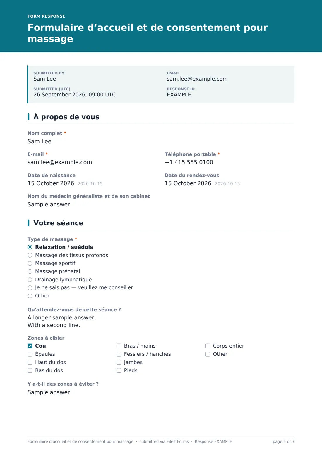 Formulaire d’accueil et de consentement pour massage — exemple de réponse au format PDF, page 1 sur 3