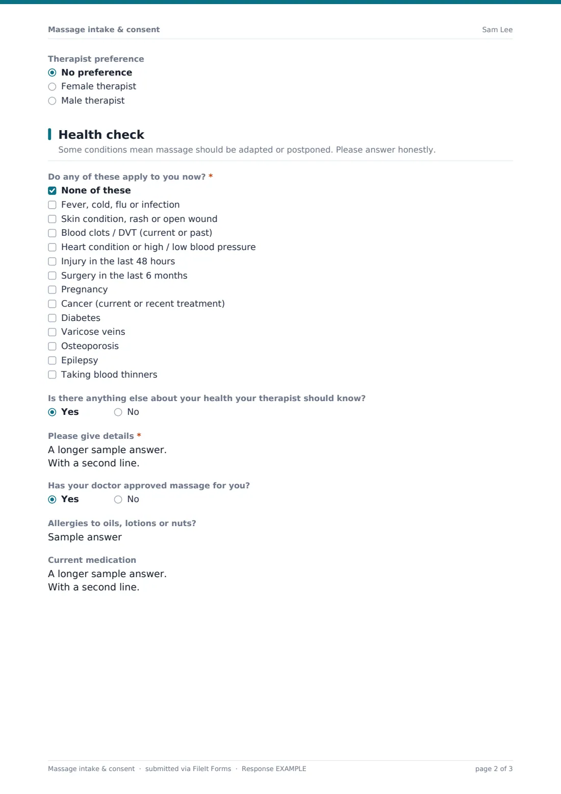 Massage intake & consent — example response PDF, page 2 of 3