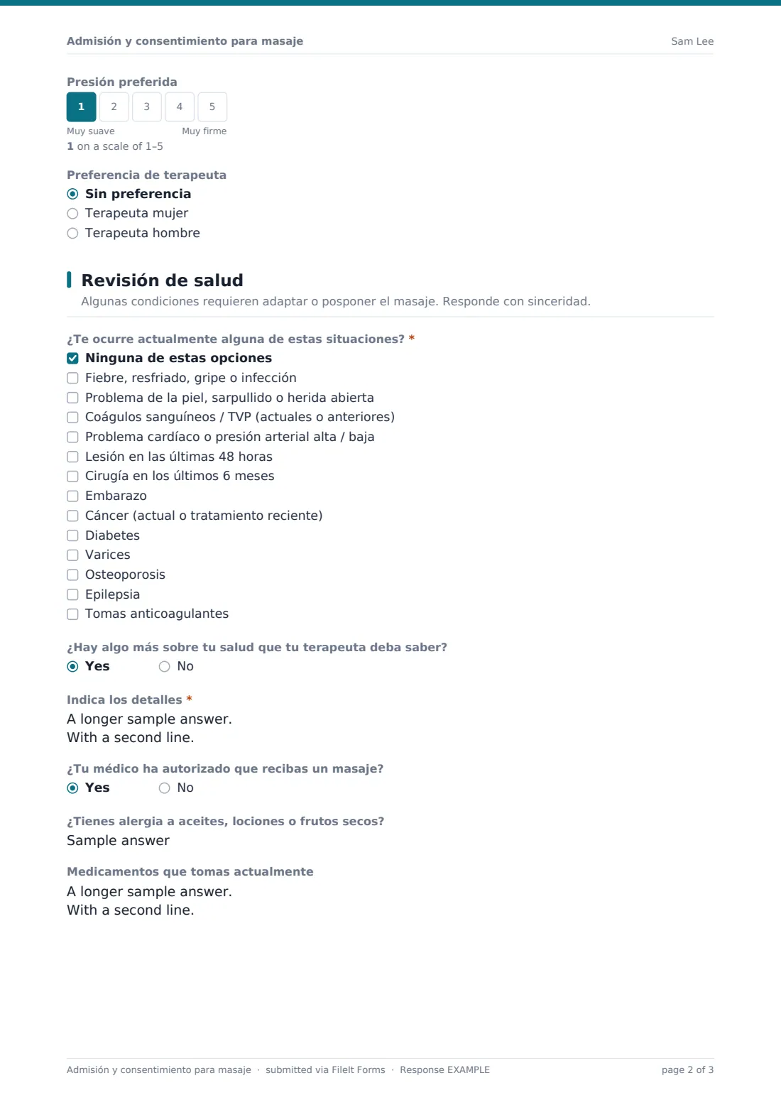 Admisión y consentimiento para masaje — PDF de respuesta de ejemplo, página 2 de 3