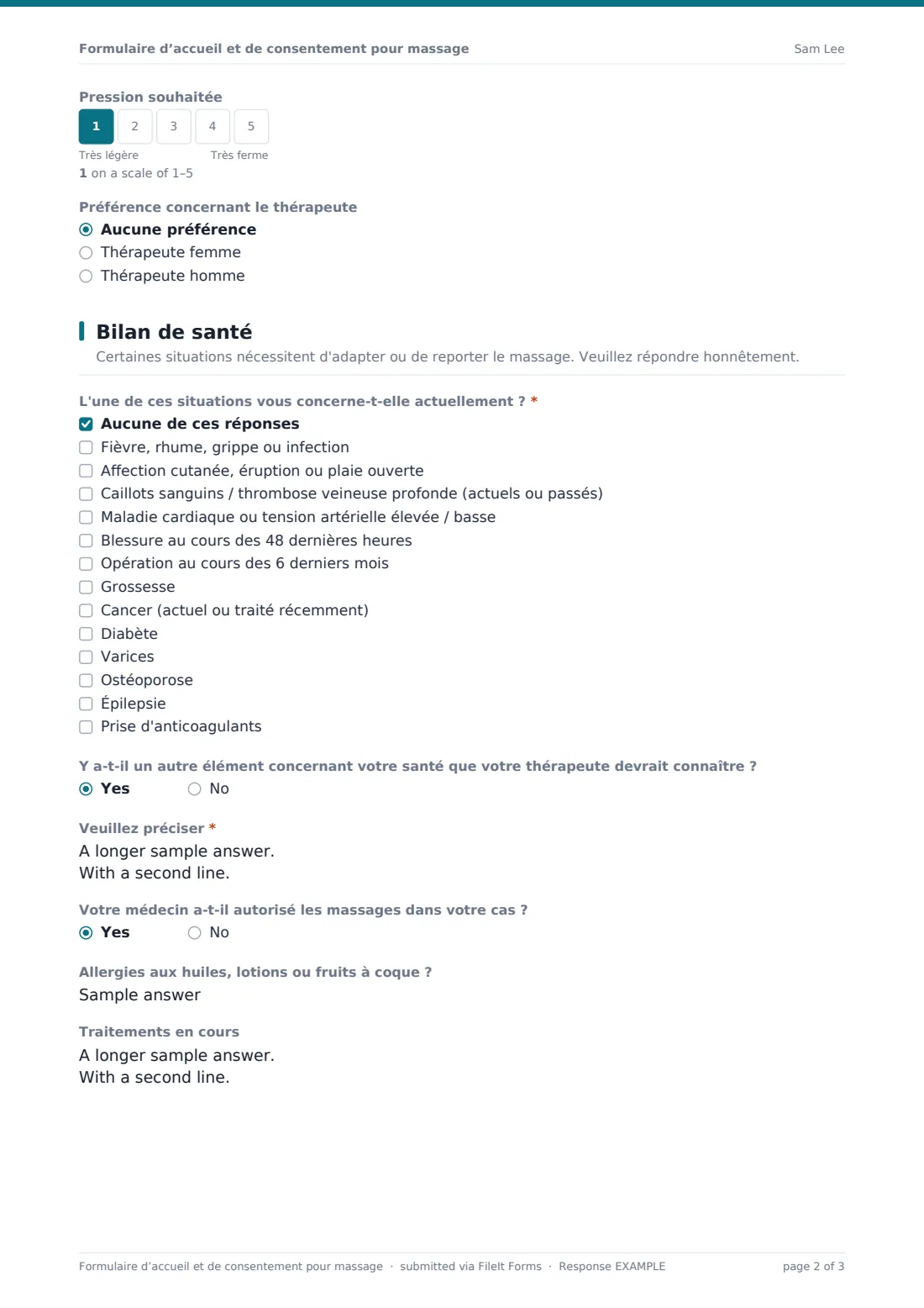 Formulaire d’accueil et de consentement pour massage — exemple de réponse au format PDF, page 2 sur 3