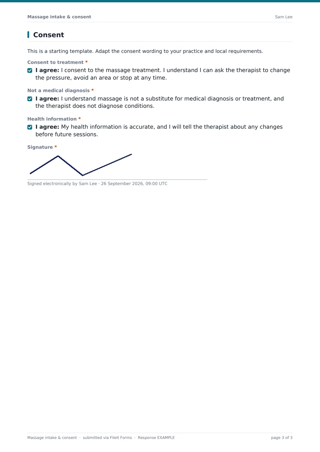 Massage intake & consent — example response PDF, page 3 of 3