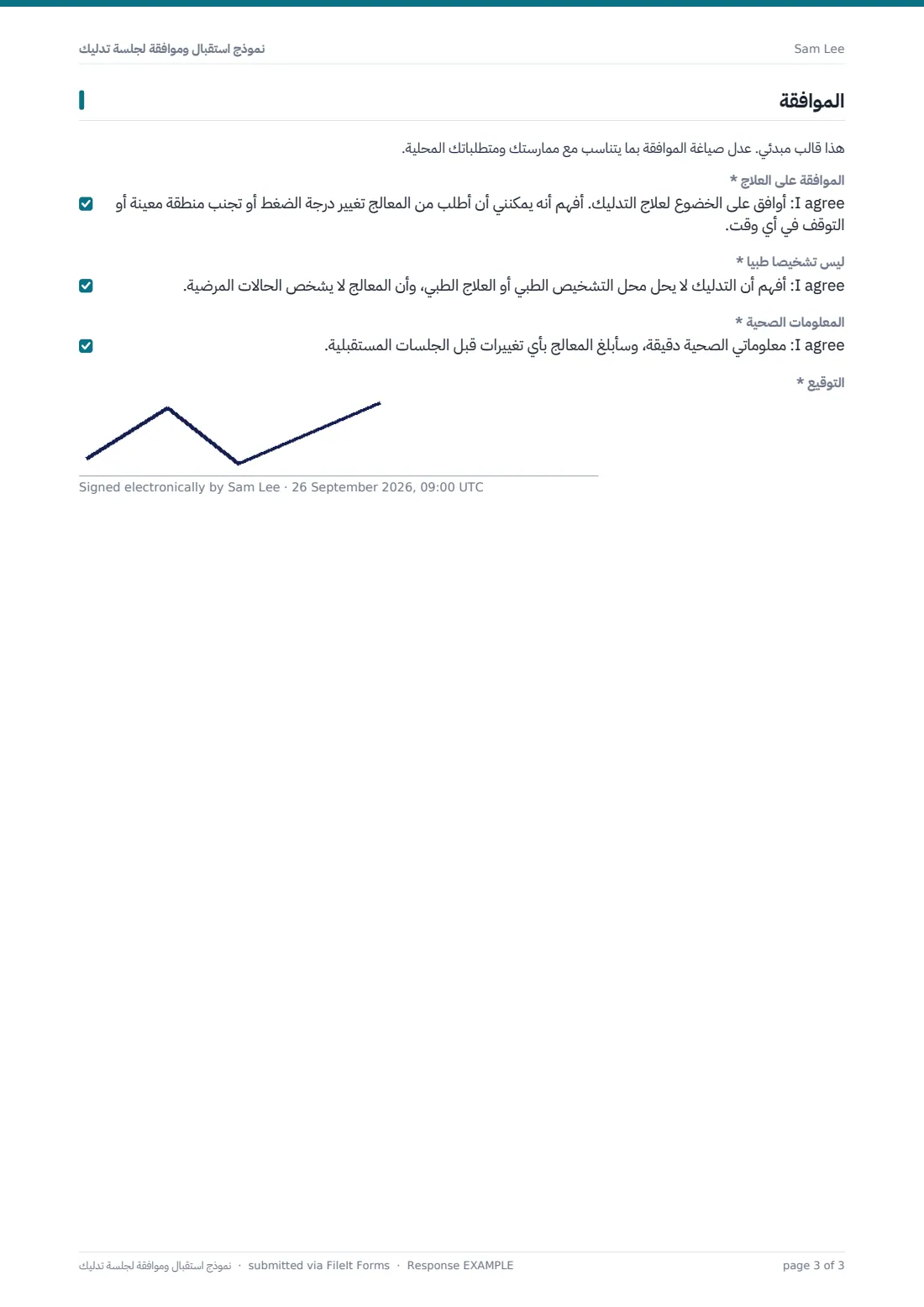 نموذج استقبال وموافقة لجلسة تدليك — ملف PDF لرد نموذجي، الصفحة 3 من 3