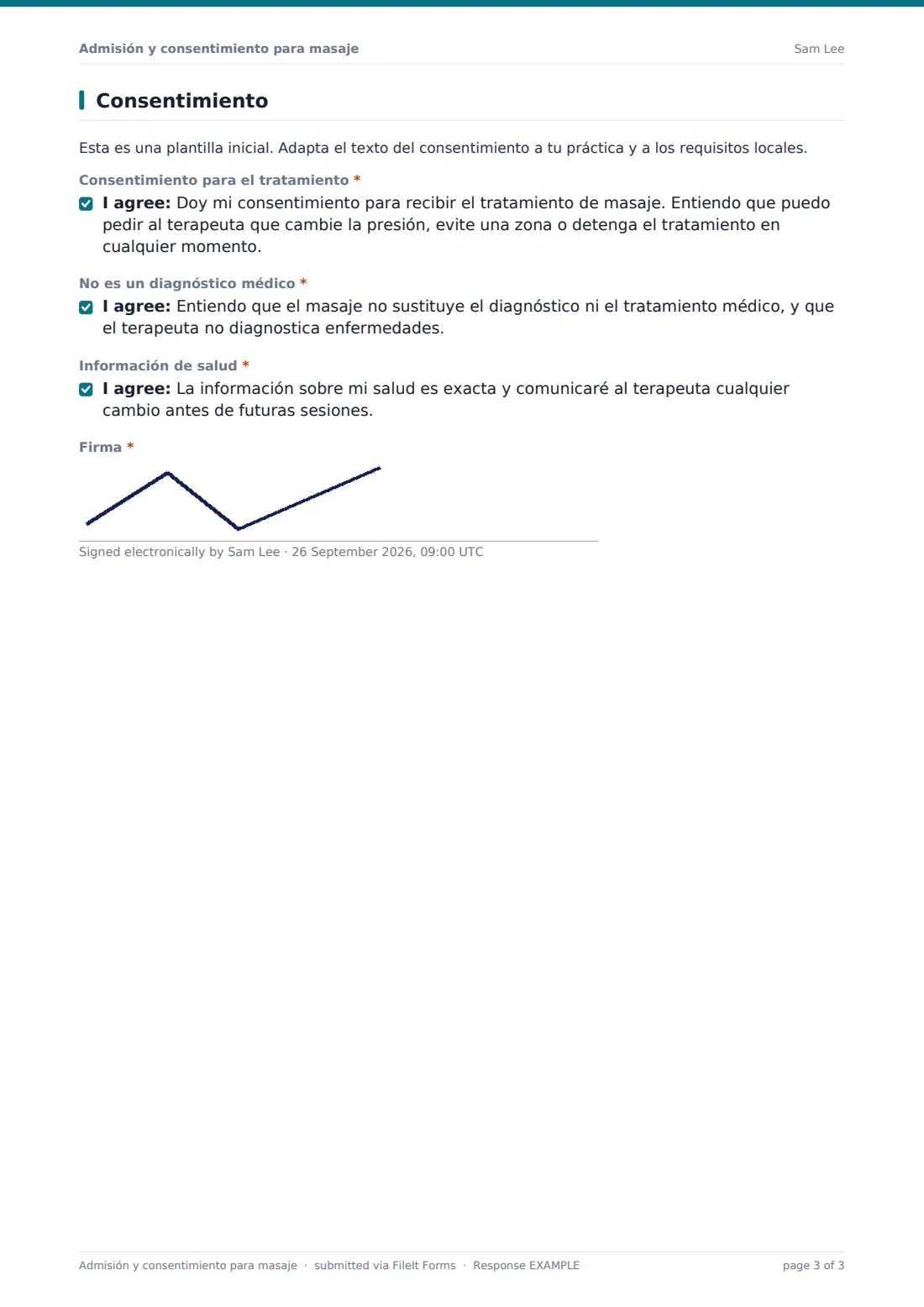 Admisión y consentimiento para masaje — PDF de respuesta de ejemplo, página 3 de 3