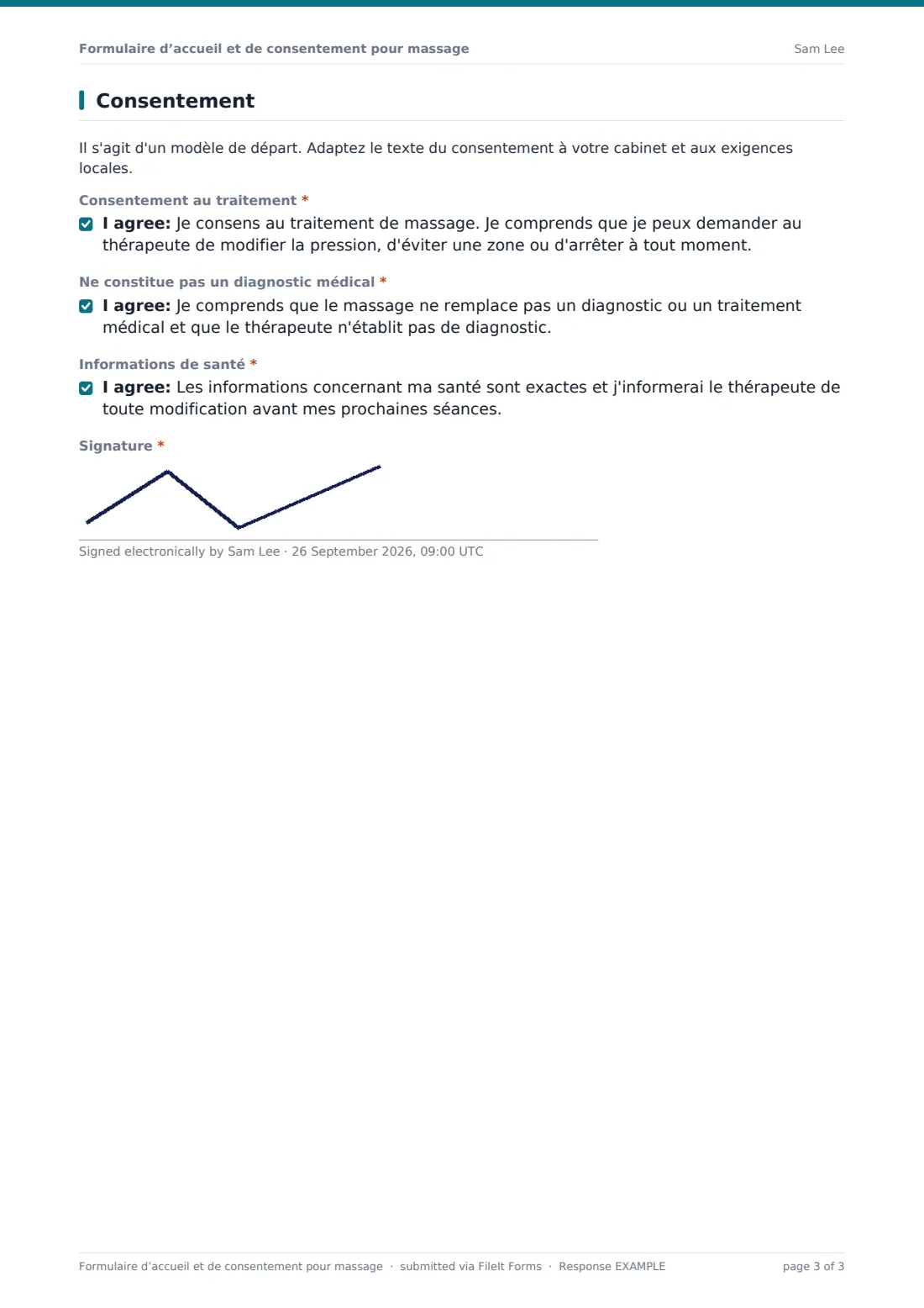 Formulaire d’accueil et de consentement pour massage — exemple de réponse au format PDF, page 3 sur 3