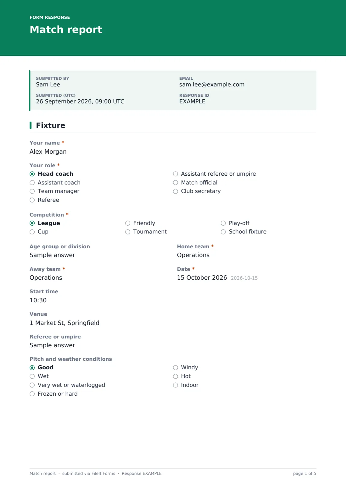 Match report — example response PDF, page 1 of 5