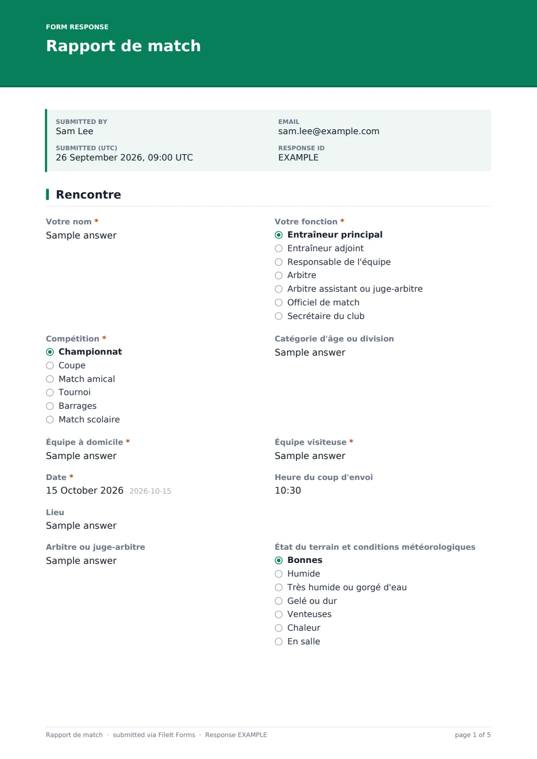 Rapport de match — exemple de réponse au format PDF, page 1 sur 5