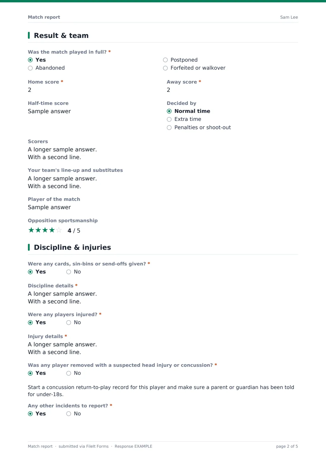 Match report — example response PDF, page 2 of 5