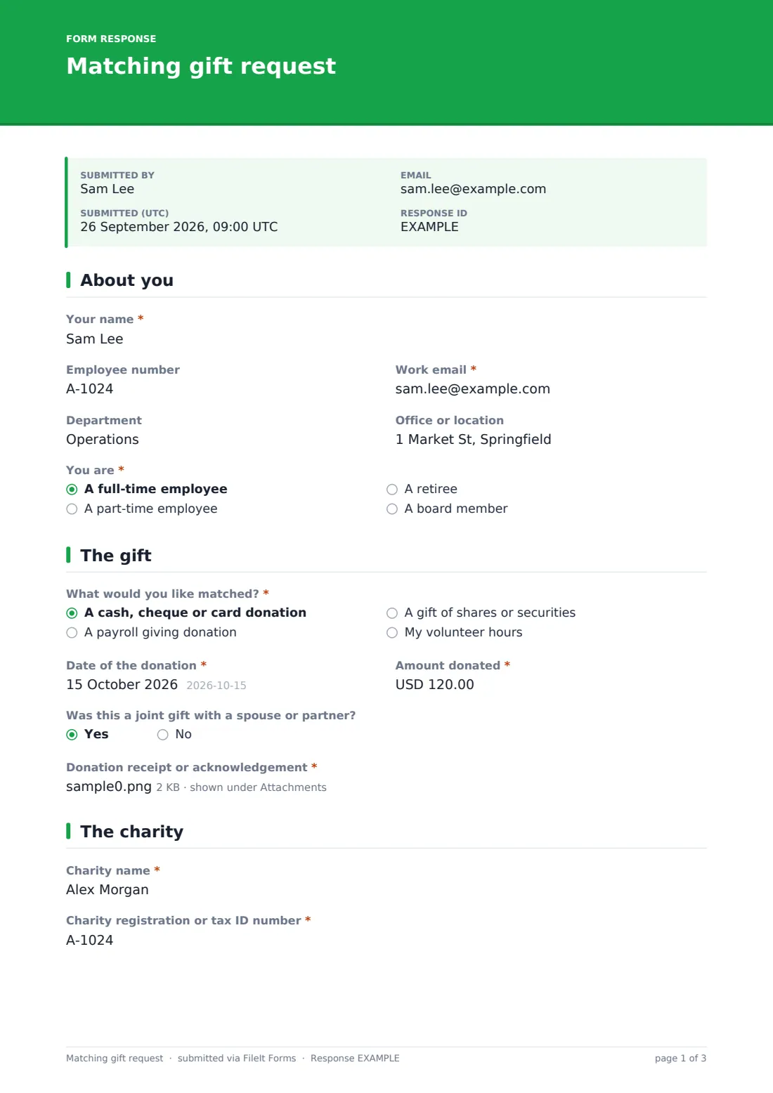 Matching gift request — example response PDF, page 1 of 3