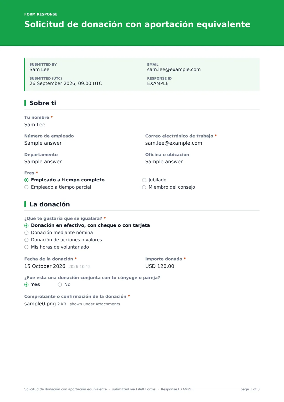 Solicitud de donación con aportación equivalente — PDF de respuesta de ejemplo, página 1 de 3