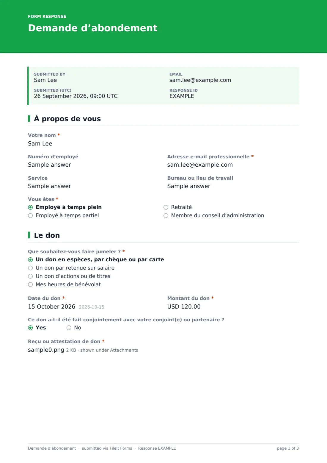 Demande d’abondement — exemple de réponse au format PDF, page 1 sur 3