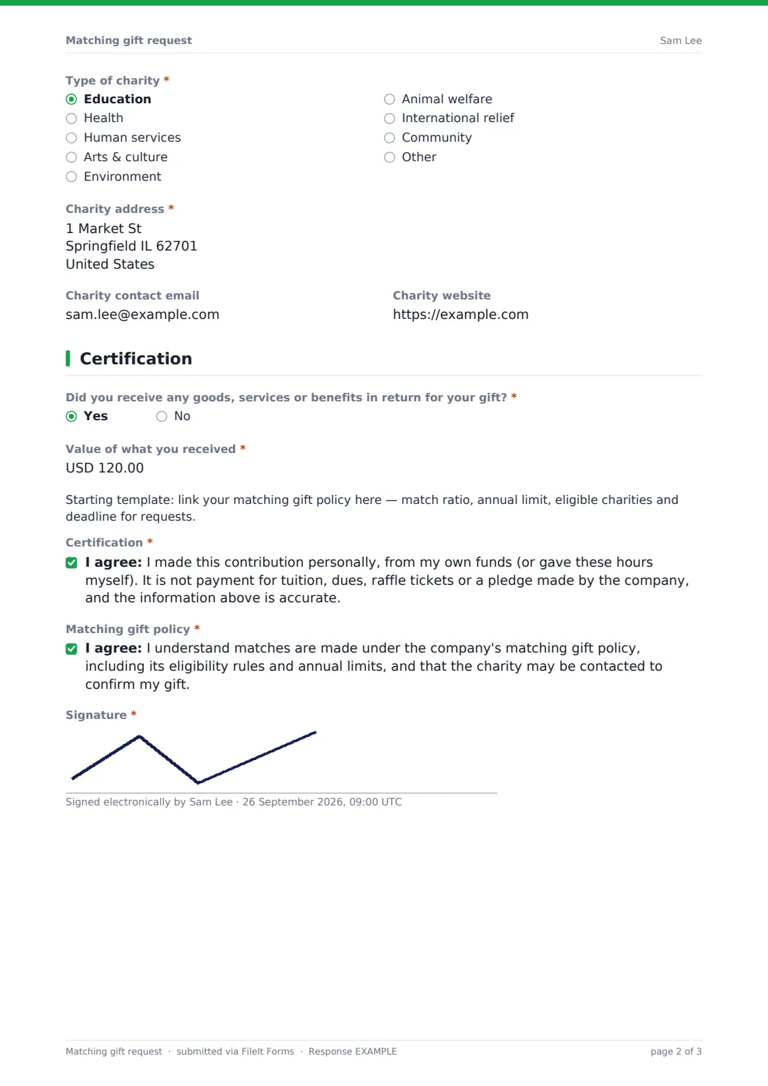 Matching gift request — example response PDF, page 2 of 3