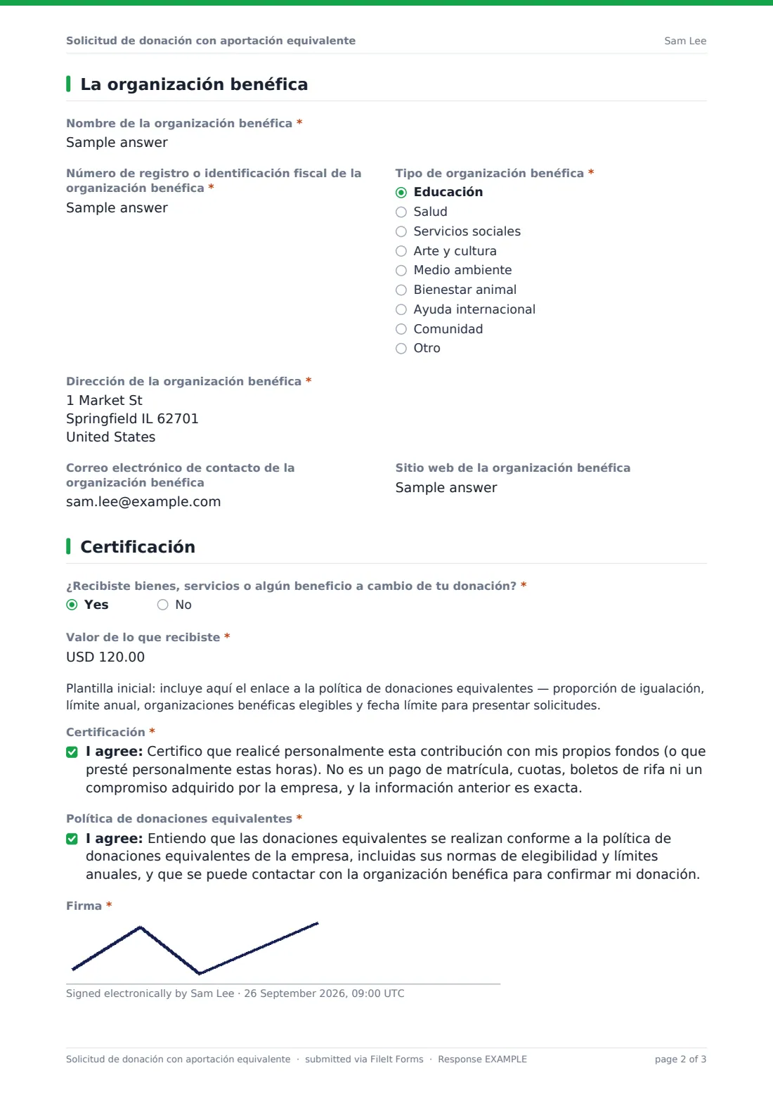 Solicitud de donación con aportación equivalente — PDF de respuesta de ejemplo, página 2 de 3