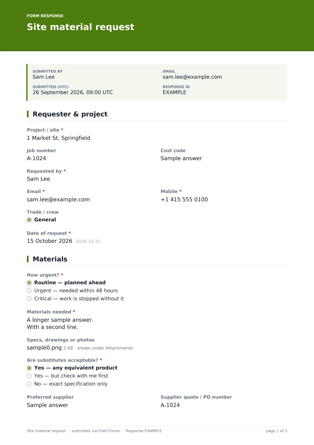 Site material request — example response PDF, page 1 of 3