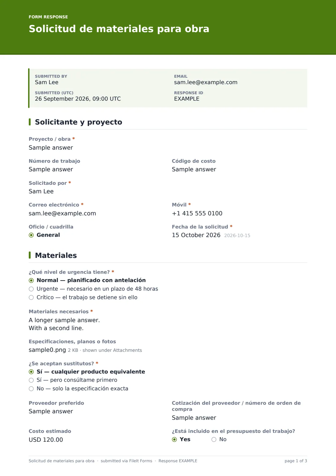 Solicitud de materiales para obra — PDF de respuesta de ejemplo, página 1 de 3