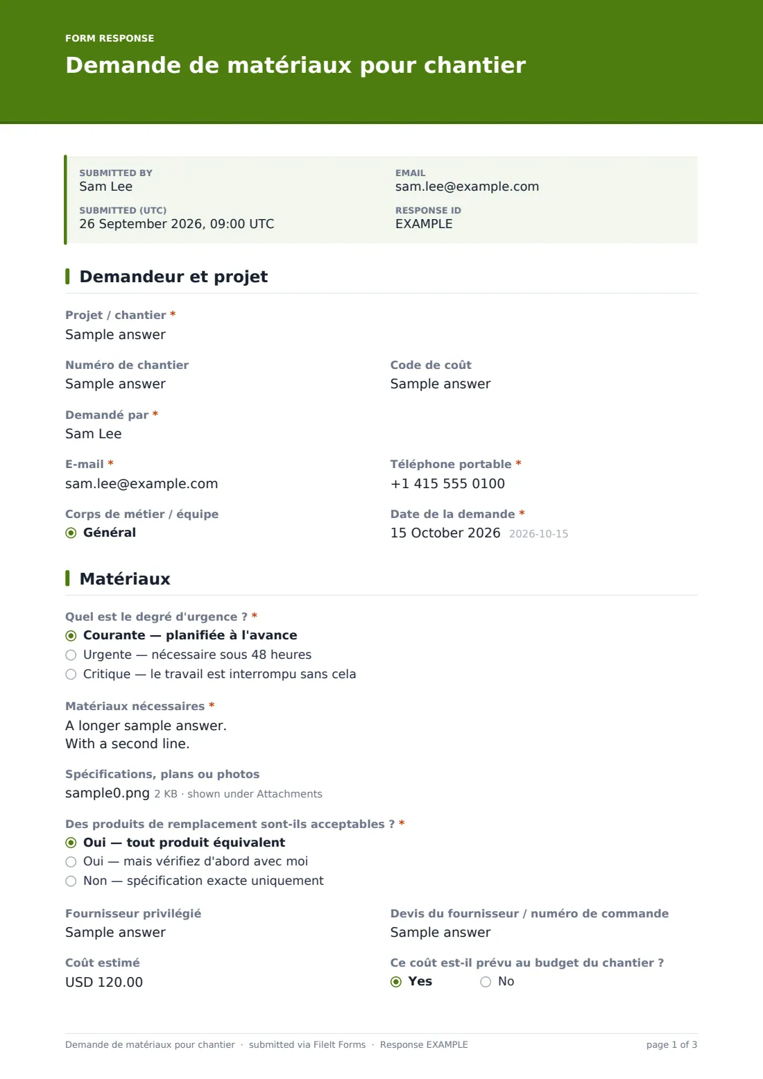 Demande de matériaux pour chantier — exemple de réponse au format PDF, page 1 sur 3