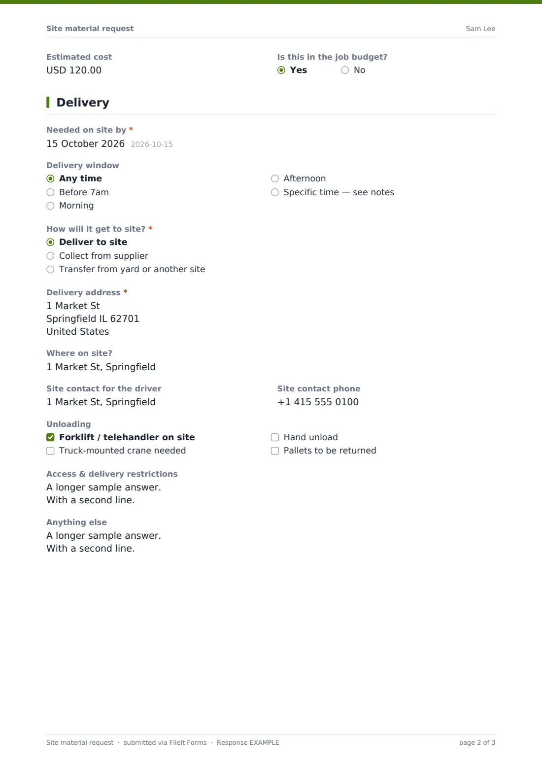 Site material request — example response PDF, page 2 of 3