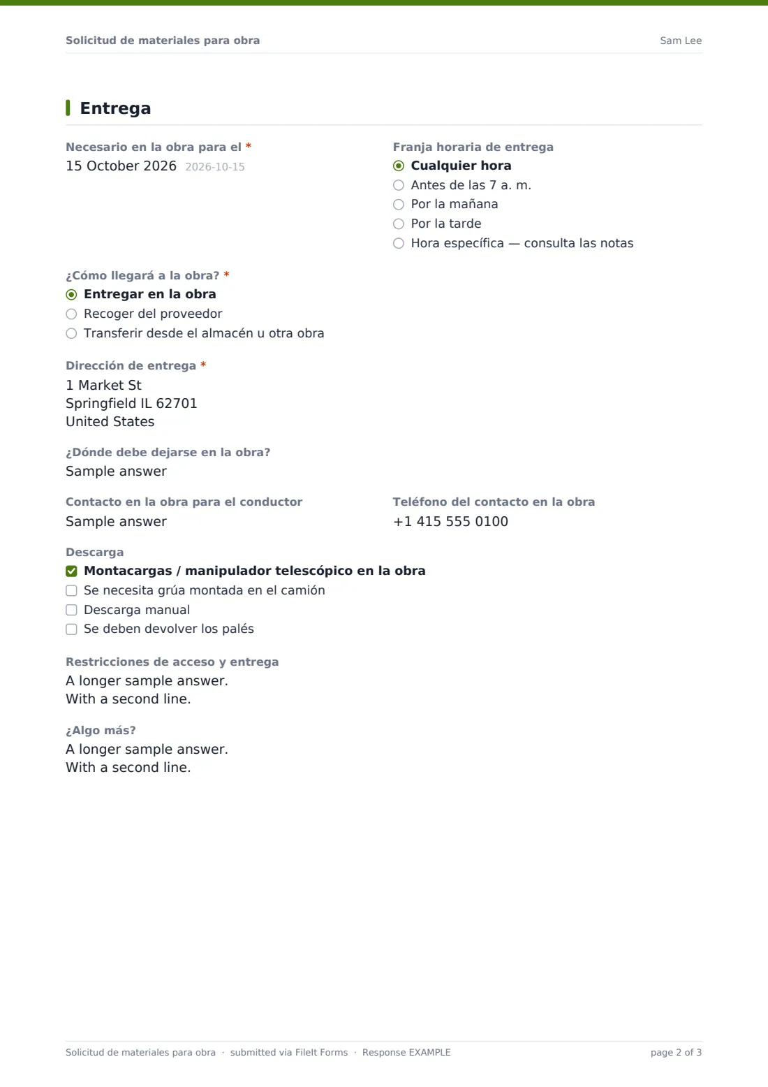 Solicitud de materiales para obra — PDF de respuesta de ejemplo, página 2 de 3
