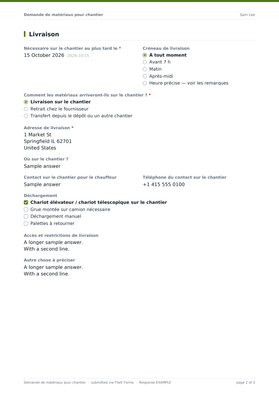 Demande de matériaux pour chantier — exemple de réponse au format PDF, page 2 sur 3