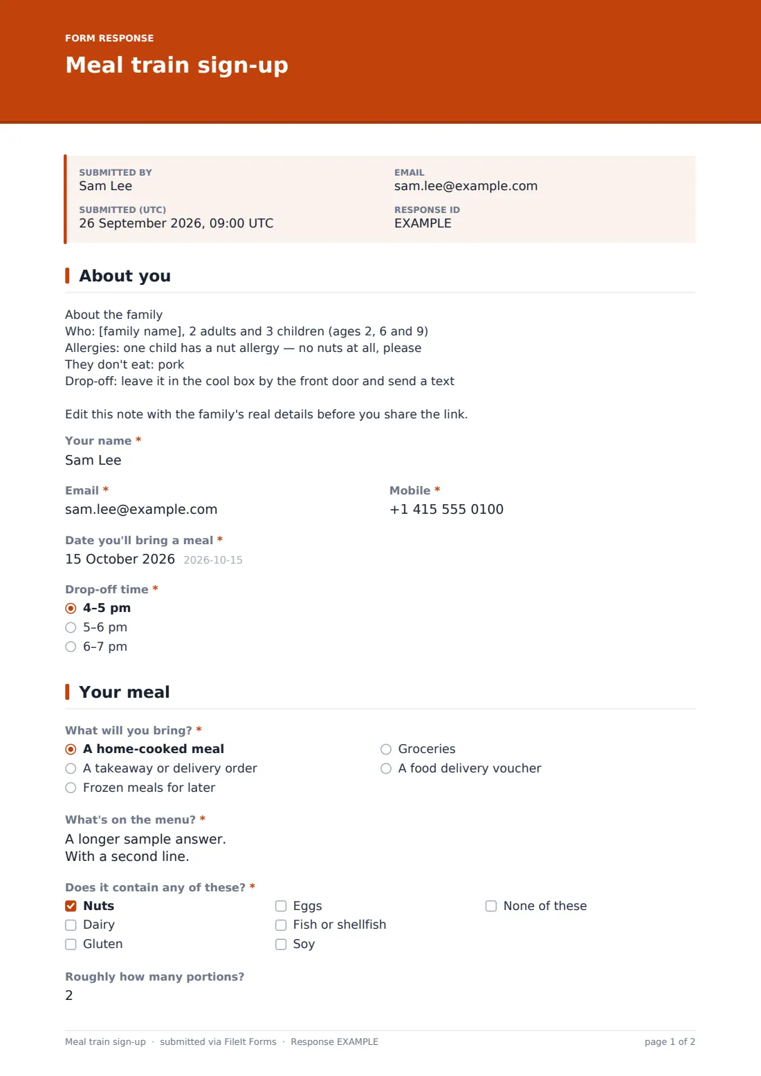 Meal train sign-up — example response PDF, page 1 of 2