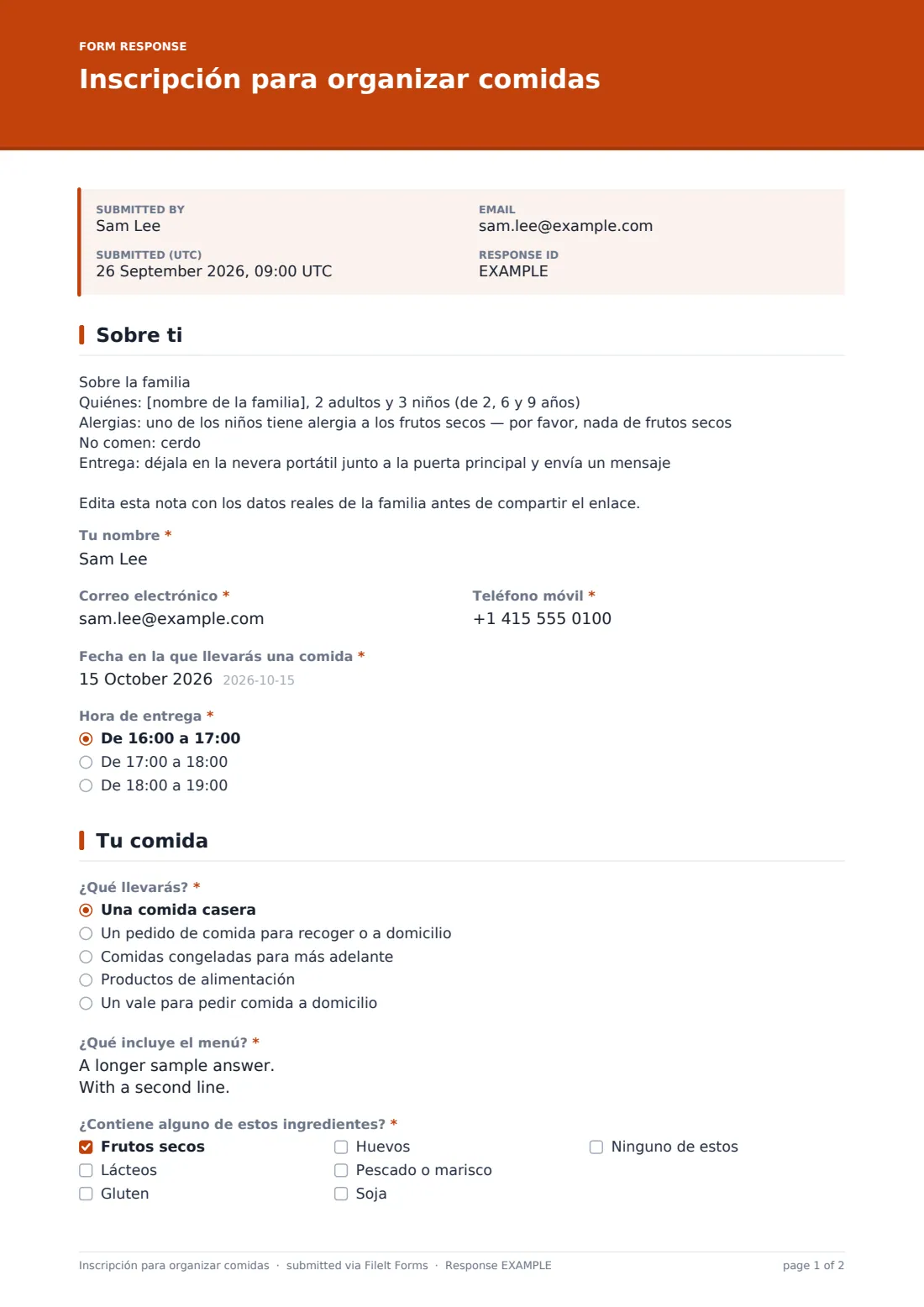 Inscripción para organizar comidas — PDF de respuesta de ejemplo, página 1 de 2