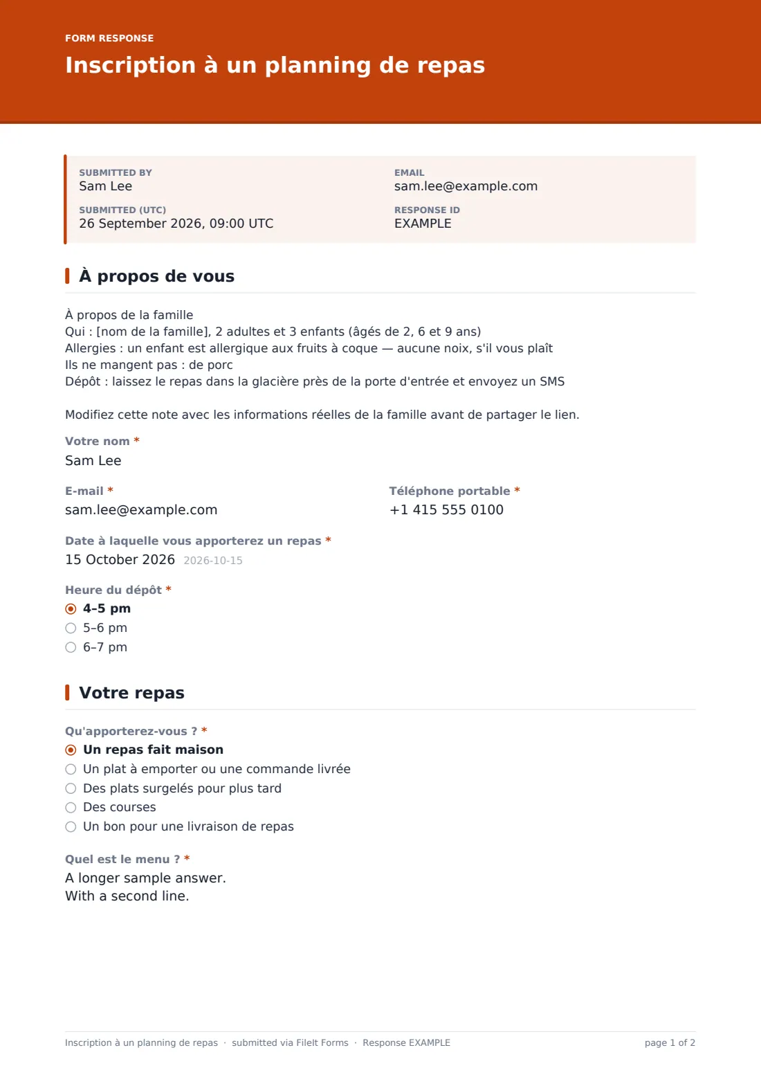 Inscription à un planning de repas — exemple de réponse au format PDF, page 1 sur 2