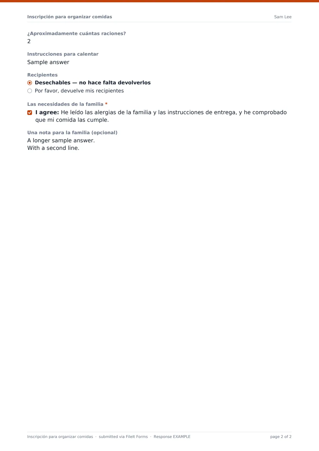 Inscripción para organizar comidas — PDF de respuesta de ejemplo, página 2 de 2