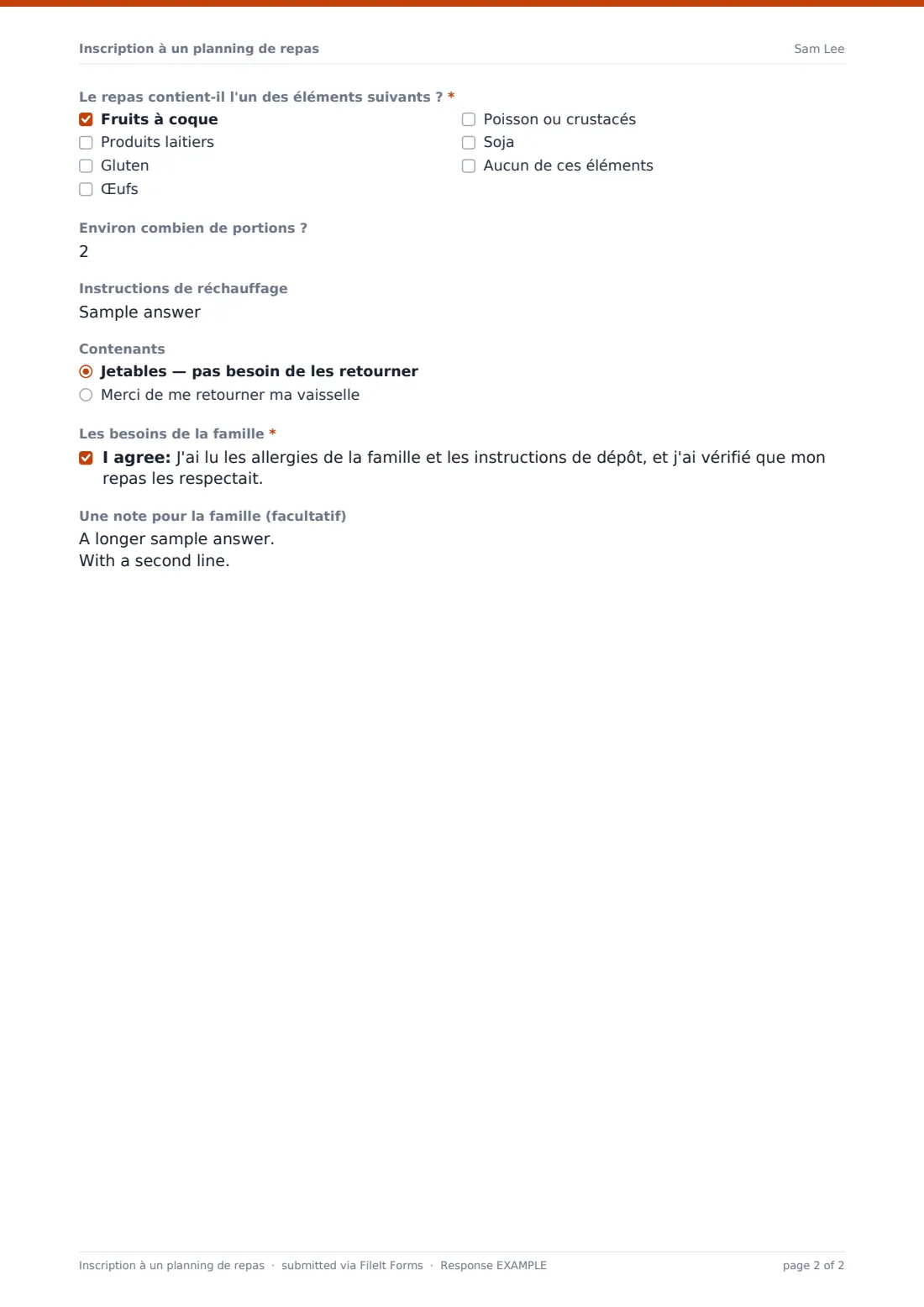 Inscription à un planning de repas — exemple de réponse au format PDF, page 2 sur 2