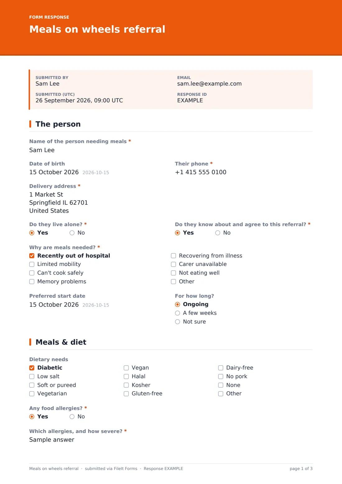 Meals on wheels referral — example response PDF, page 1 of 3