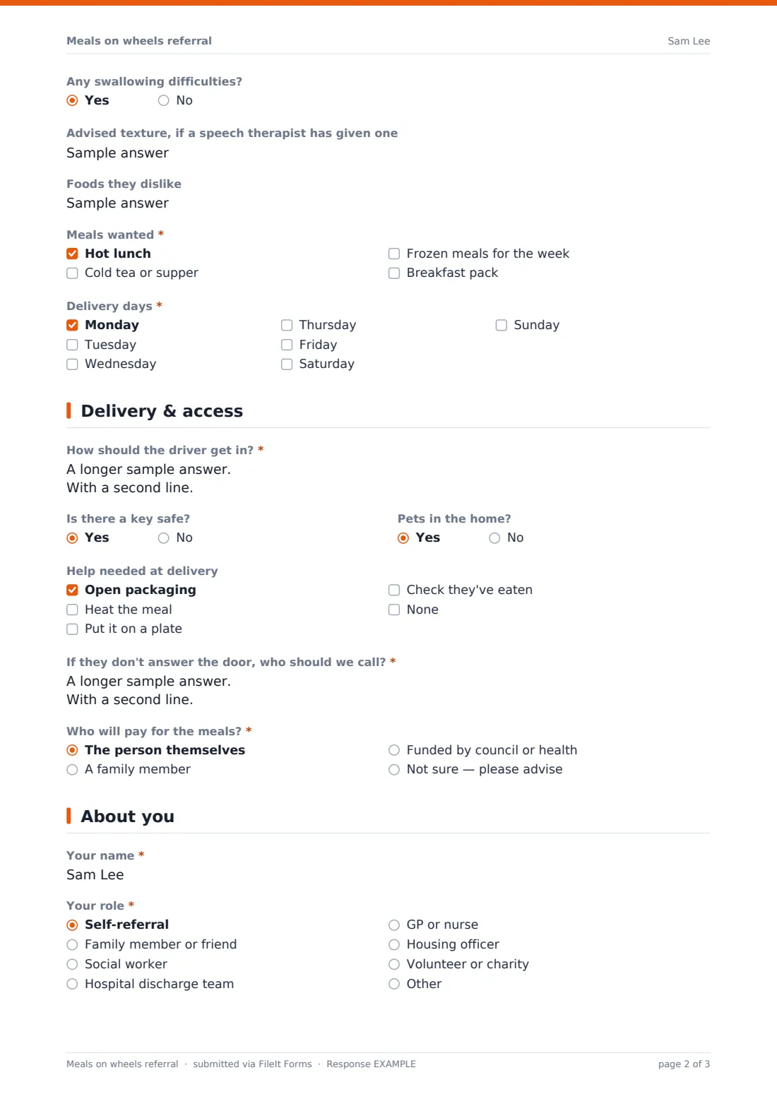 Meals on wheels referral — example response PDF, page 2 of 3